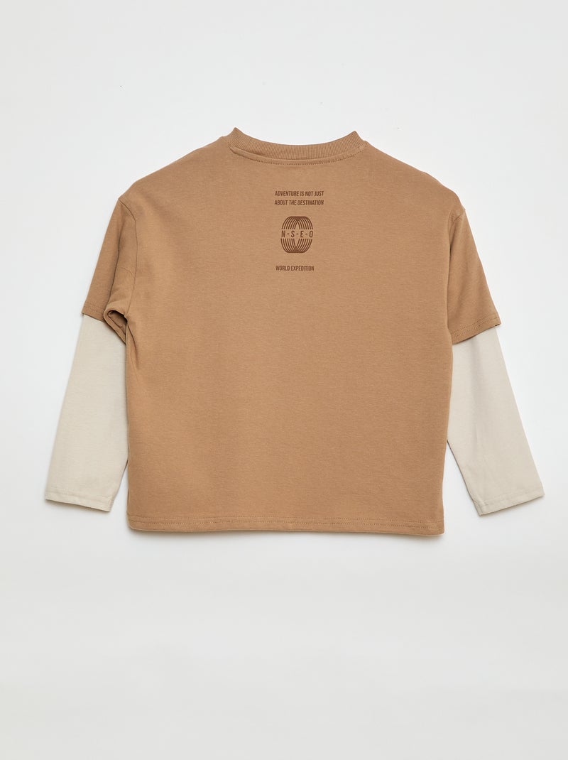 2-in-1 Effect Long-Sleeved T-Shirt Beige - Kiabi