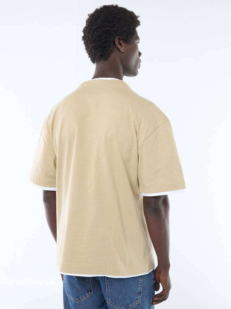 2-in-1 Effect Short-Sleeved T-Shirt Beige - Kiabi