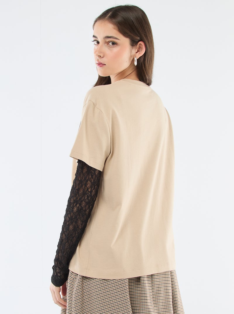 2-in-1 Lace Trim Tee Beige - Kiabi