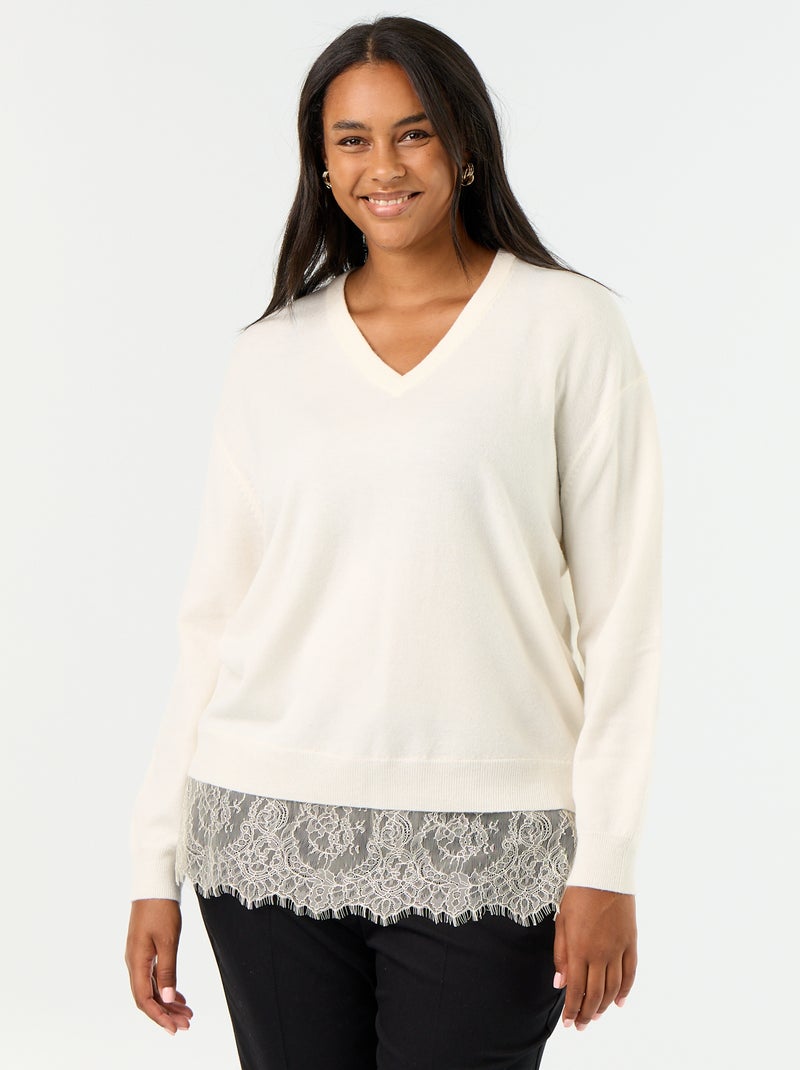 2-in-1-Pullover aus Wollmischung und Spitze Weiß - Kiabi