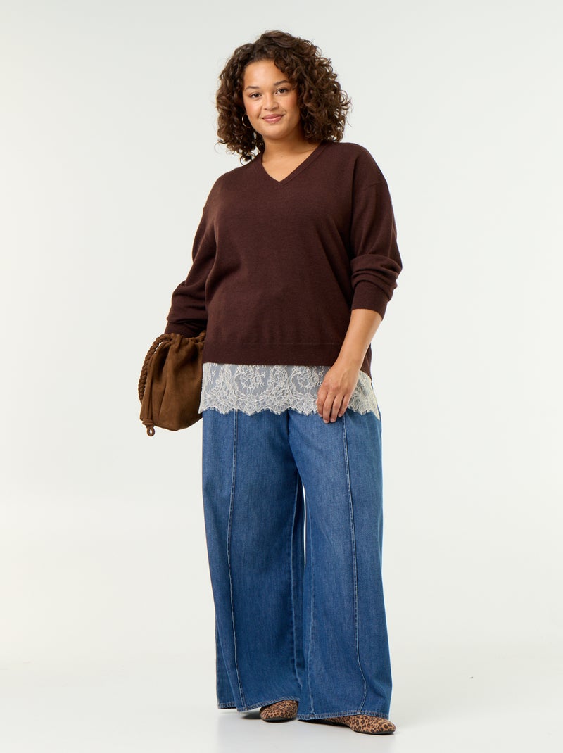 2-in-1 Sweater with Wool Blend and Lace Brown - Kiabi