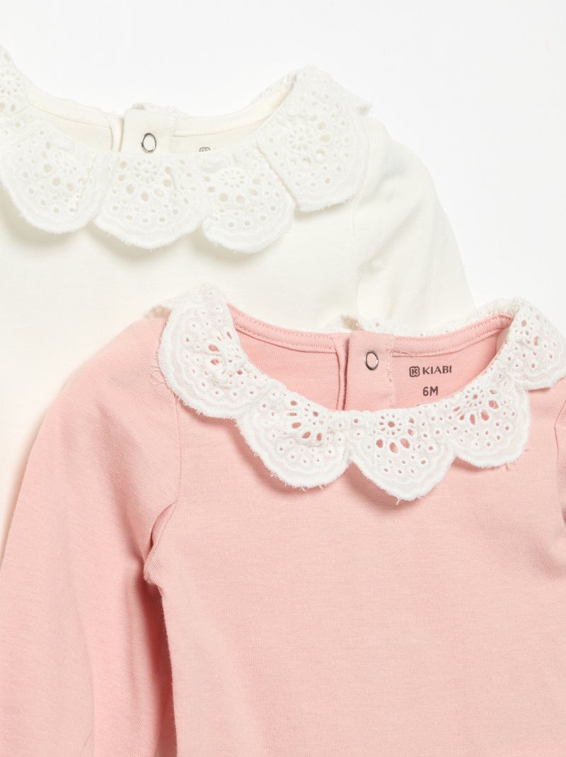 2-Pack Bodysuits with Broderie Anglaise Collar White - Kiabi