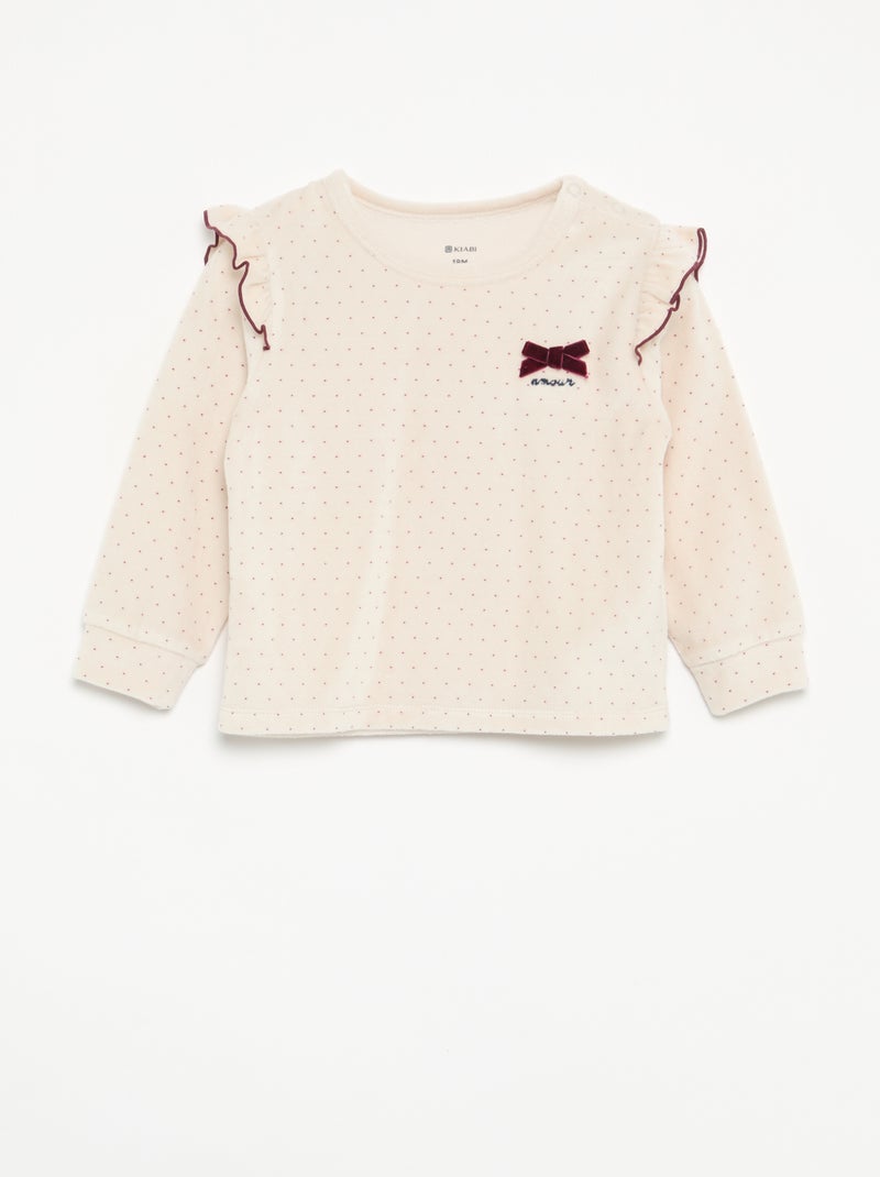 2-teiliger Samtpyjama – Sweatshirt mit Rüschen an den Armausschnitten + Hose Beige - Kiabi