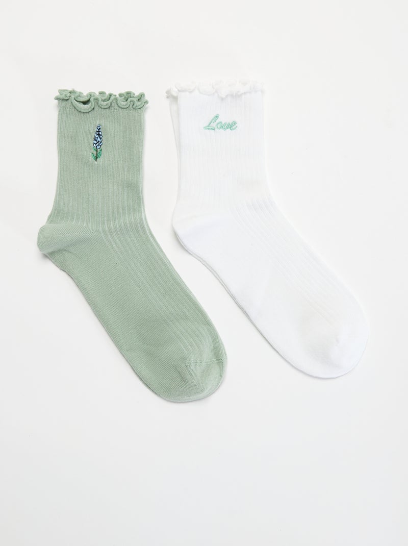 2er-Pack bestickte Socken mit Rüschenrand Weiß - Kiabi