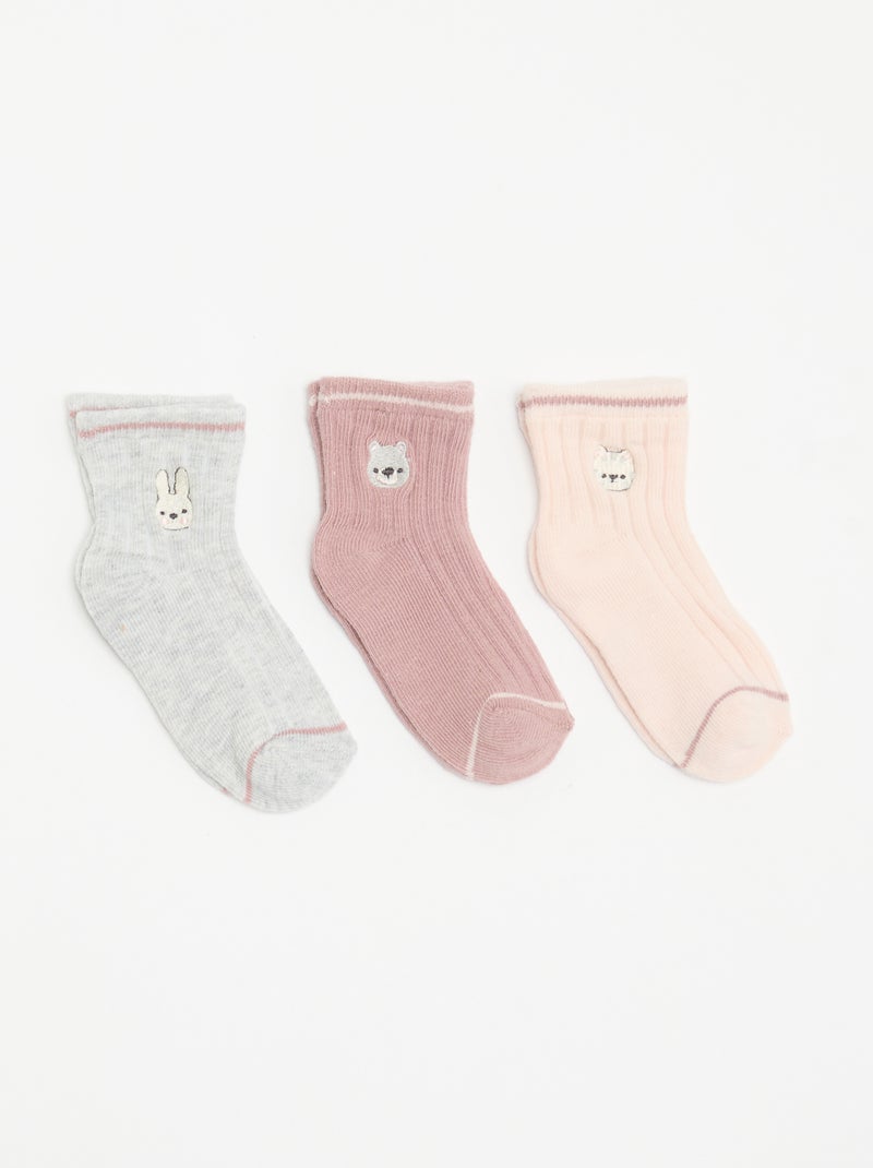3-pack of Playful Embroidered Ankle Socks Pink - Kiabi
