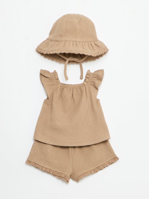 3-teiliges Set aus Rippstrick - Shorts + T-Shirt + Fischerhut - Kiabi