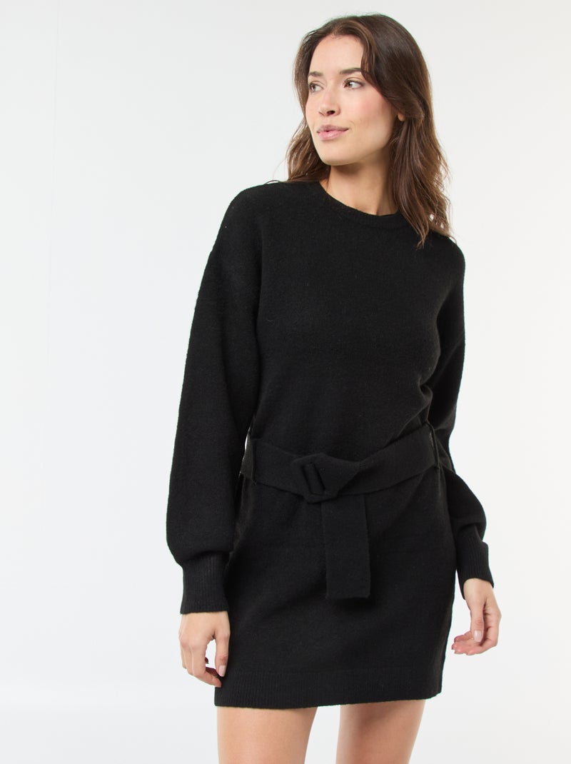 Abito a maglia a maniche lunghe con cintura Nero - Kiabi