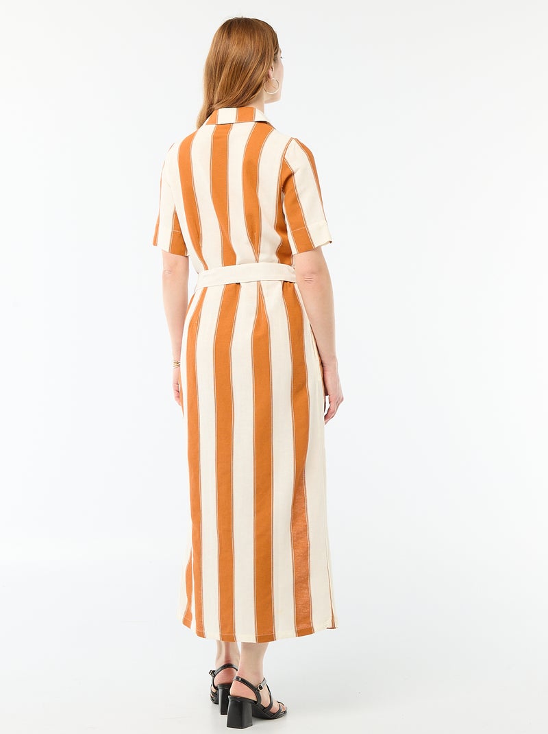 Abito camicia lungo a maniche corte in cotone e lino Rosa - Kiabi