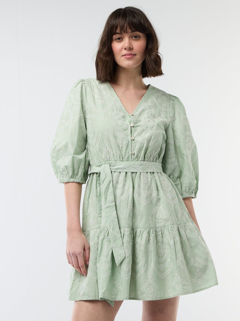 Abito corto a balze con ricami inglesi Verde - Kiabi