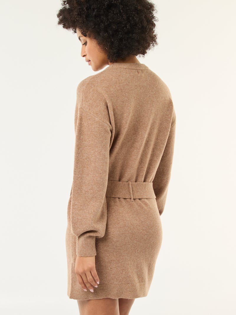 Abito maglia a maniche lunghe con cintura Beige - Kiabi