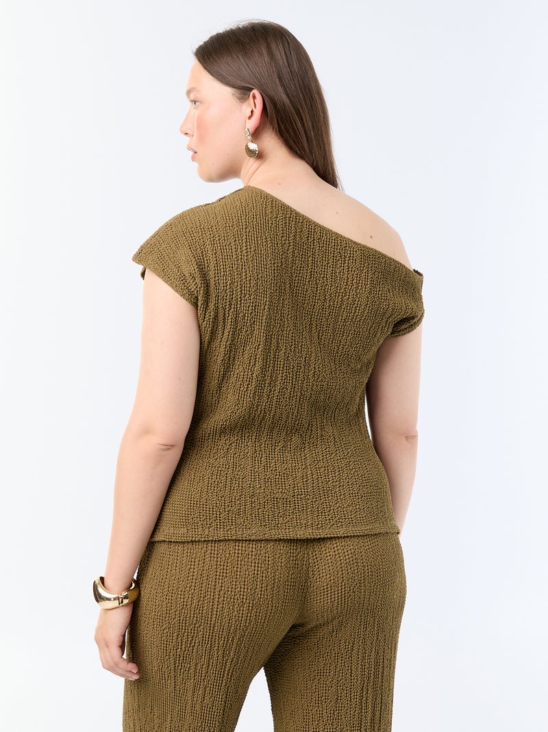 Asymmetrisches Crinkle-Strick-Top mit goldfarbenem Schmuckelement Khaki - Kiabi