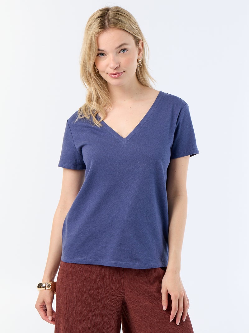 Basic Kurzarm-T-Shirt mit V-Ausschnitt Blau - Kiabi