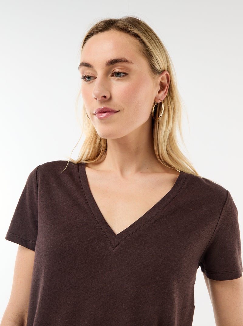 Basic Kurzarm-T-Shirt mit V-Ausschnitt Braun - Kiabi
