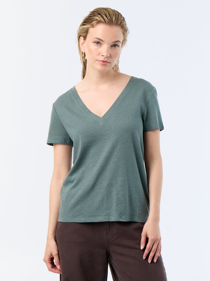 Basic Kurzarm-T-Shirt mit V-Ausschnitt Grün - Kiabi