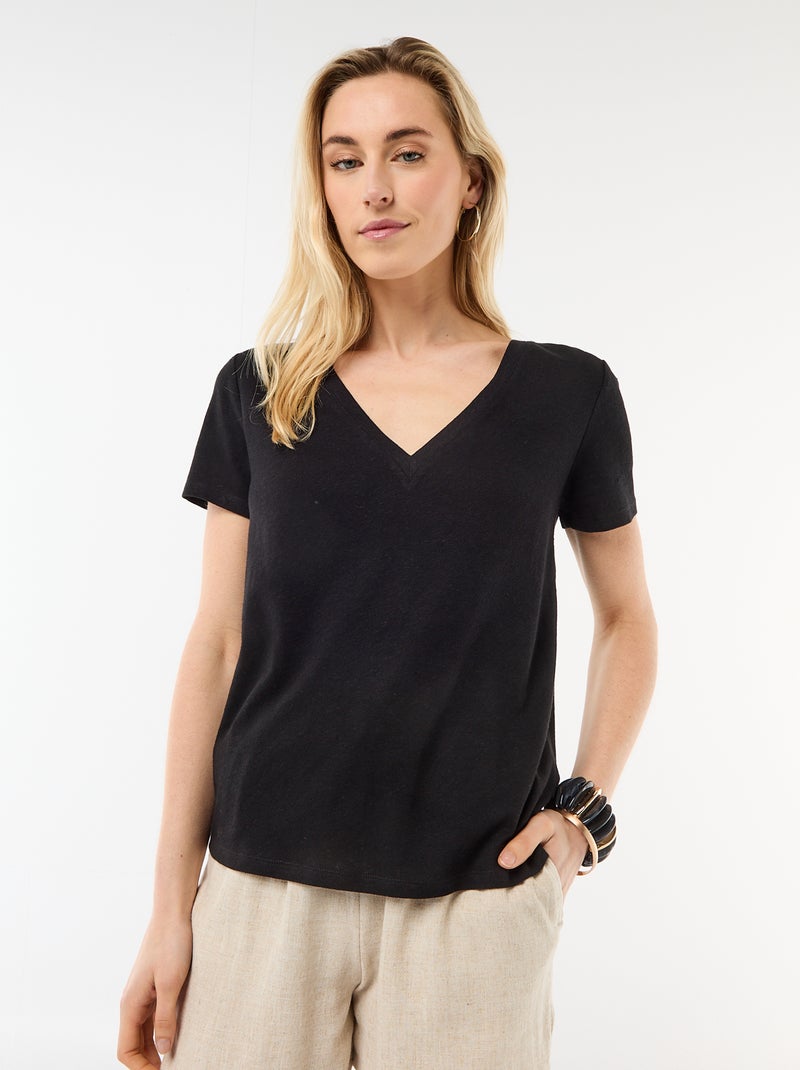 Basic Kurzarm-T-Shirt mit V-Ausschnitt Schwarz - Kiabi