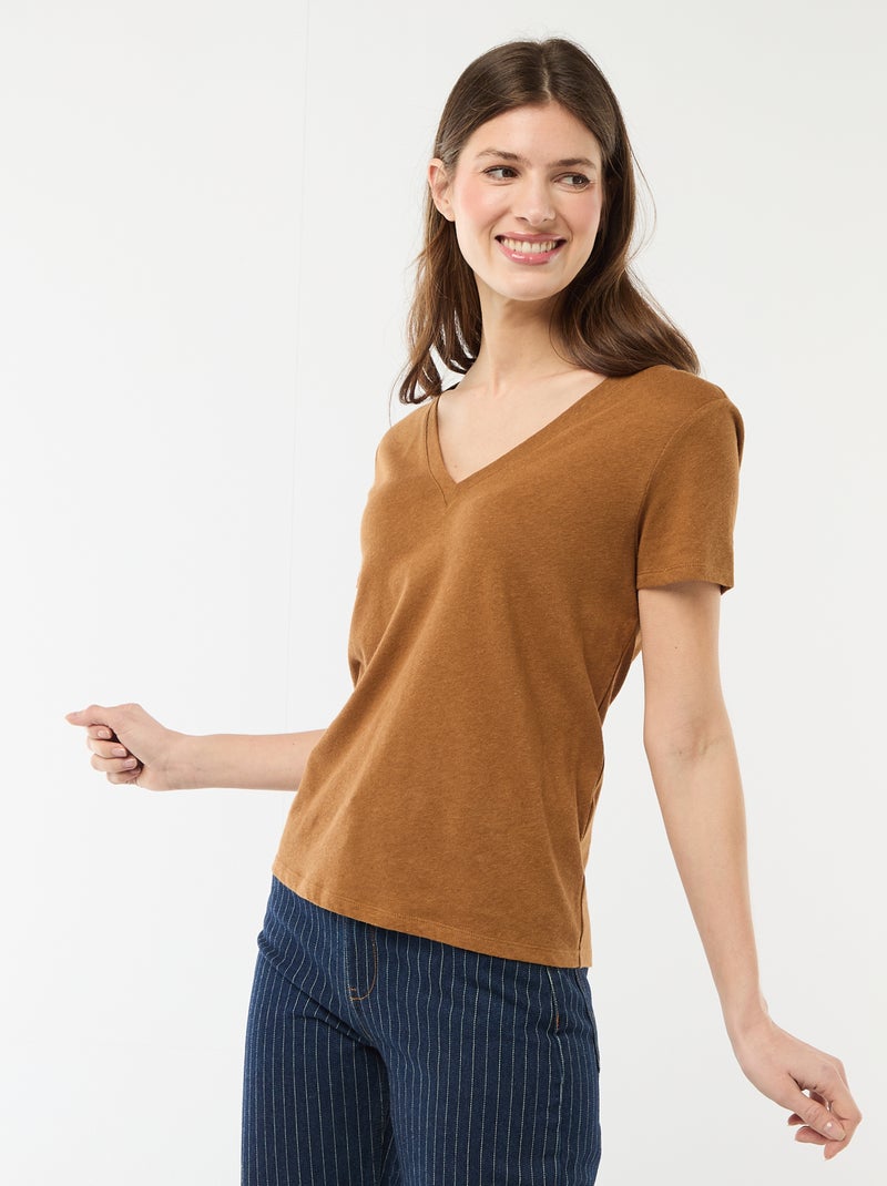 Basic V-neck Short-Sleeve T-shirt Brown - Kiabi
