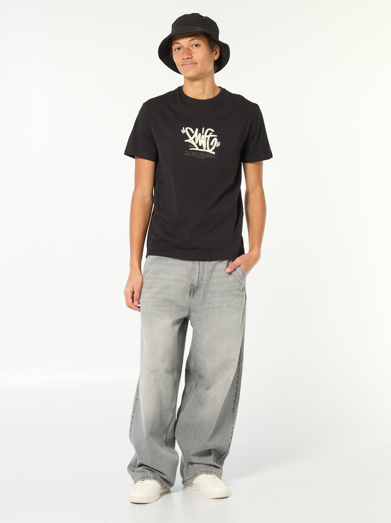 Bedrucktes einfarbiges Baumwoll-T-Shirt Schwarz - Kiabi