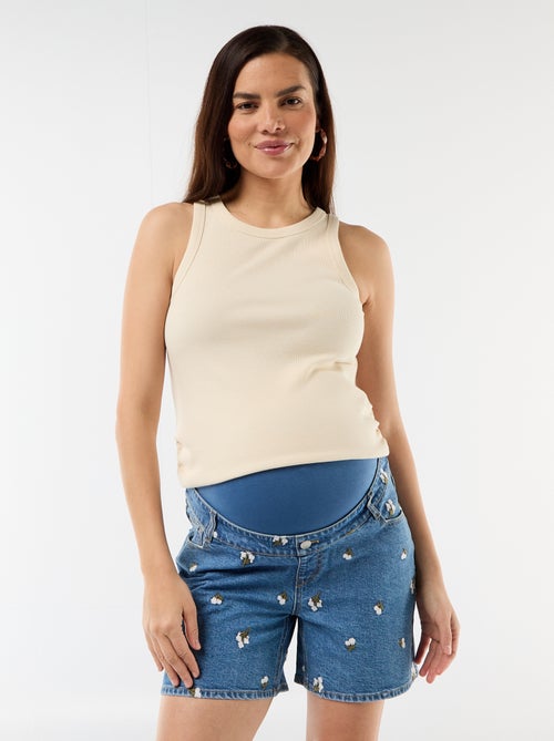 Bermuda en jean taille haute de maternité avec broderies - Kiabi