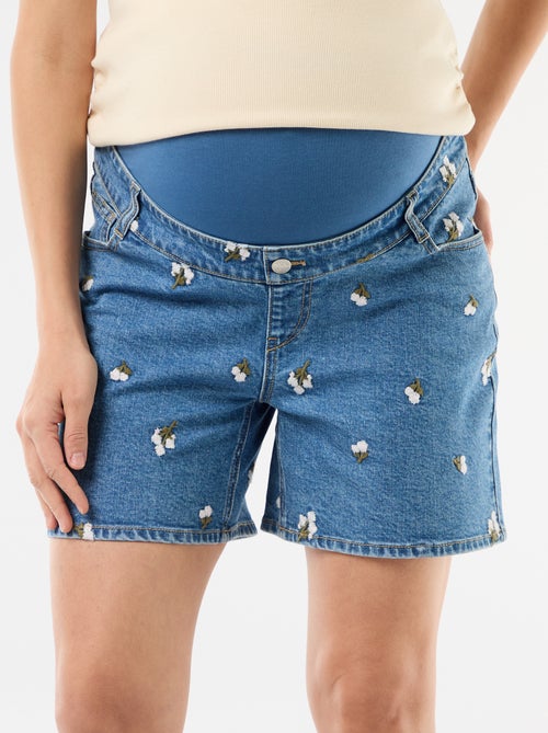 Bermuda en jean taille haute de maternité avec broderies - Kiabi