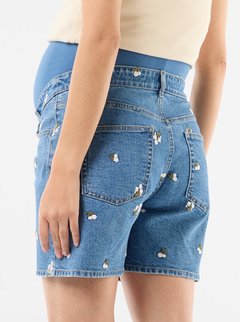 Bermuda en jean taille haute de maternité avec broderies Bleu - Kiabi