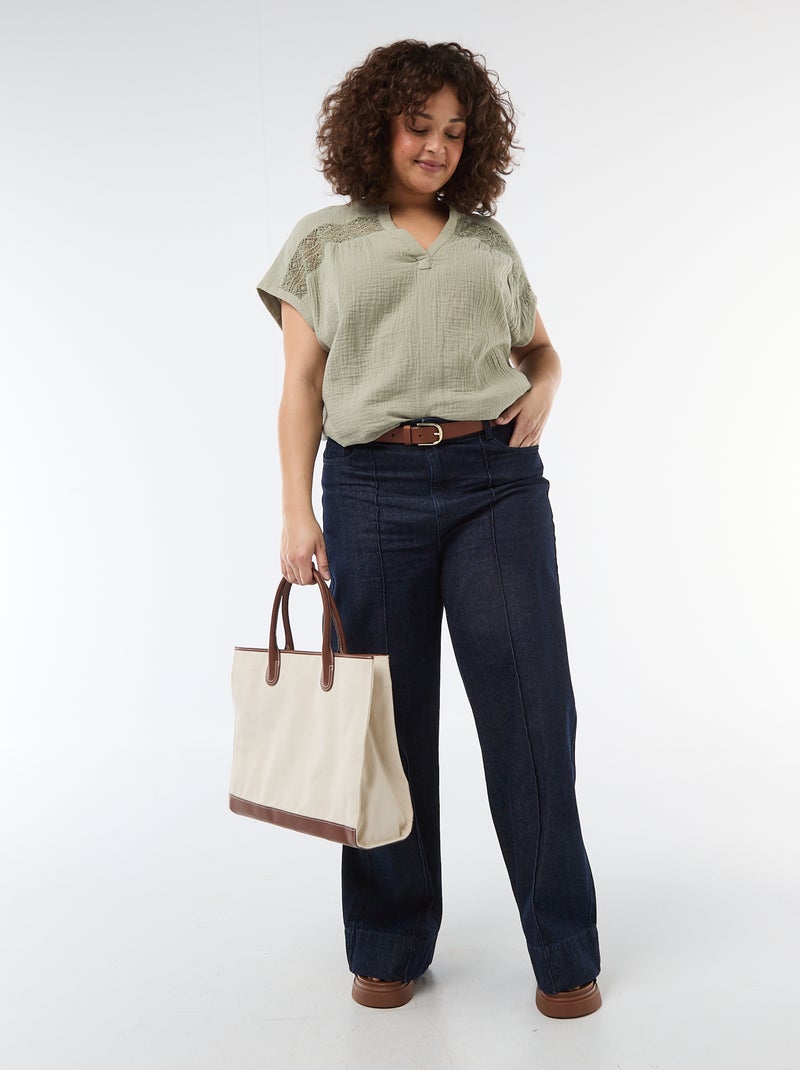 Blouse à manches courtes en double gaze de coton Vert - Kiabi