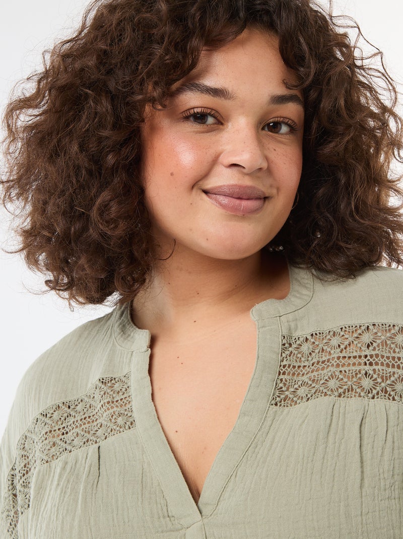 Blouse à manches courtes en double gaze de coton Vert - Kiabi