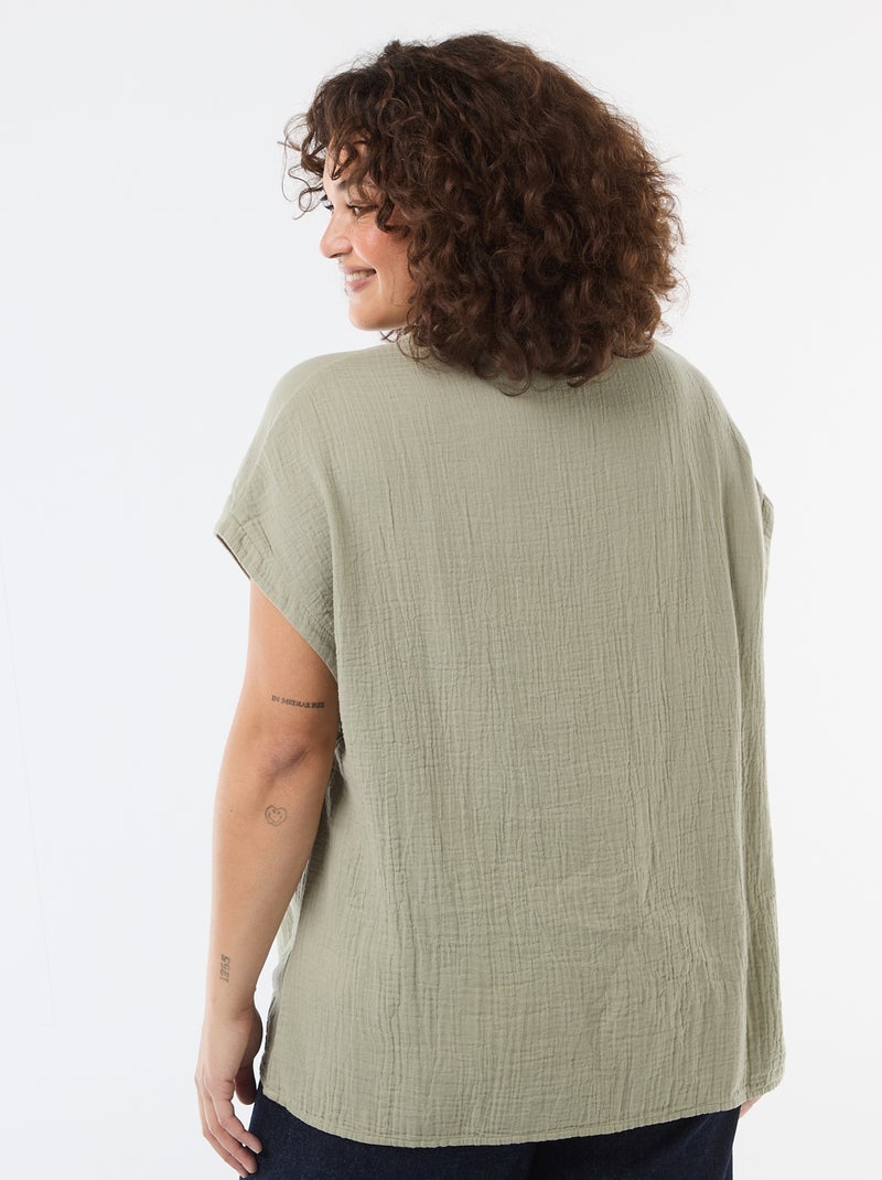 Blouse à manches courtes en double gaze de coton Vert - Kiabi