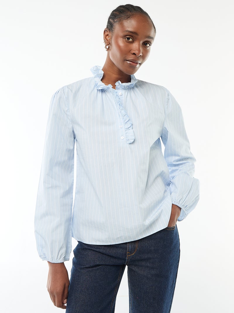 Blouse avec volants au col et à l'ouverture Bleu - Kiabi