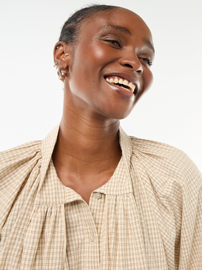 Blouse col lavalière à carreaux en coton Beige - Kiabi