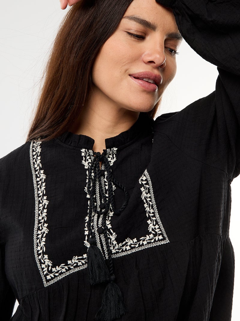 Blouse de maternité brodée en gaze de coton Noir - Kiabi