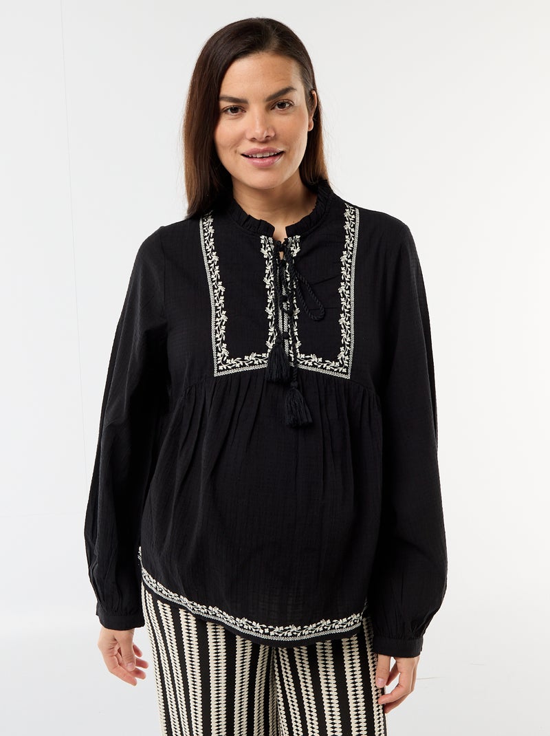 Blouse de maternité brodée en gaze de coton Noir - Kiabi