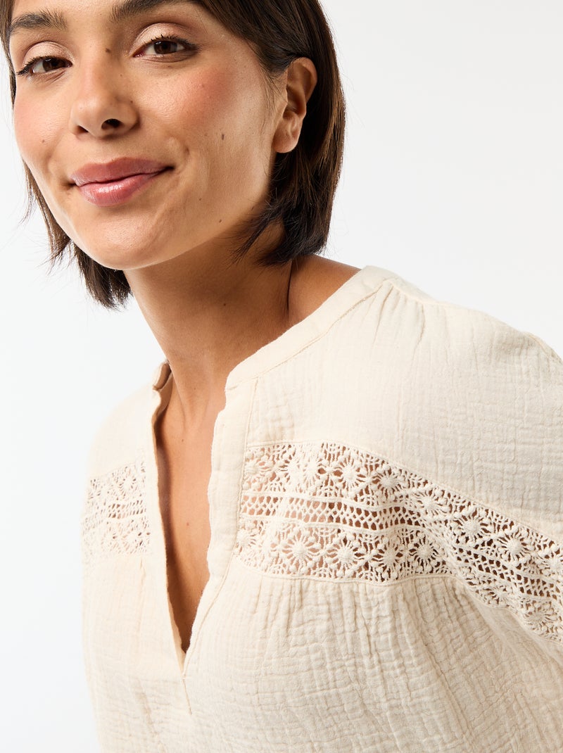 Blouse en double gaze de coton avec broderies Blanc - Kiabi