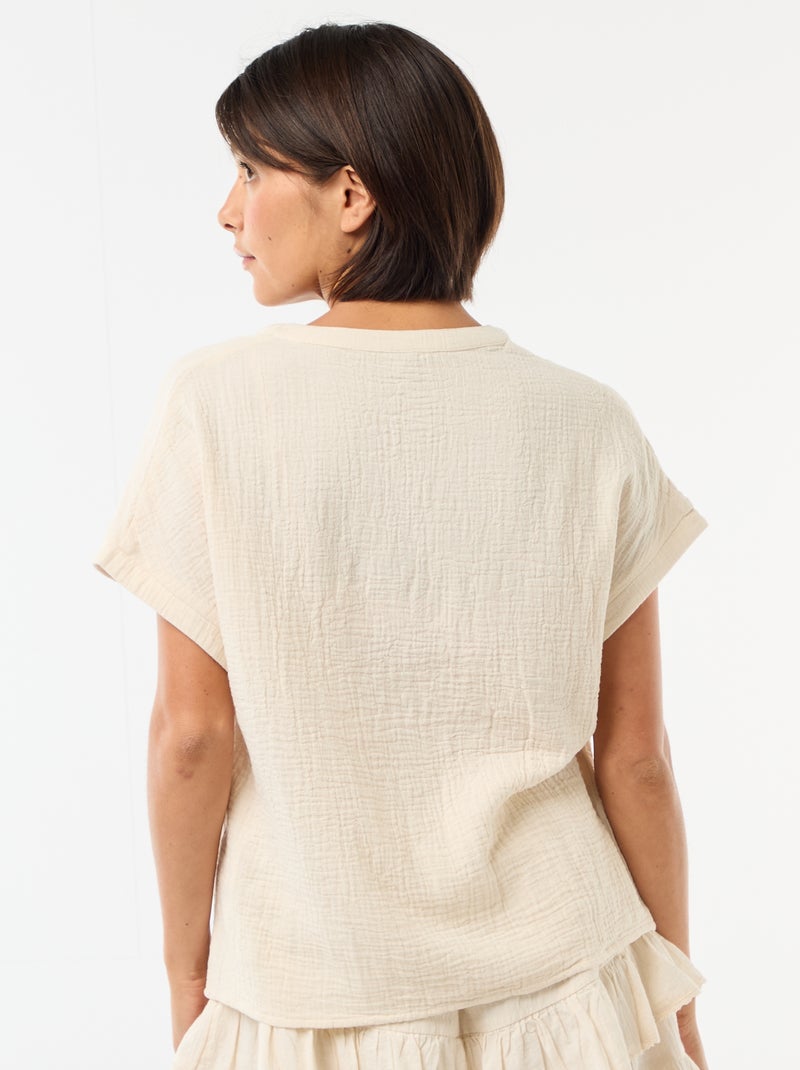 Blouse en double gaze de coton avec broderies Blanc - Kiabi