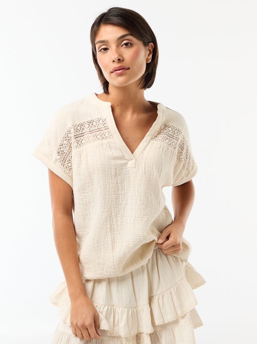 Blouse en double gaze de coton avec broderies - Kiabi