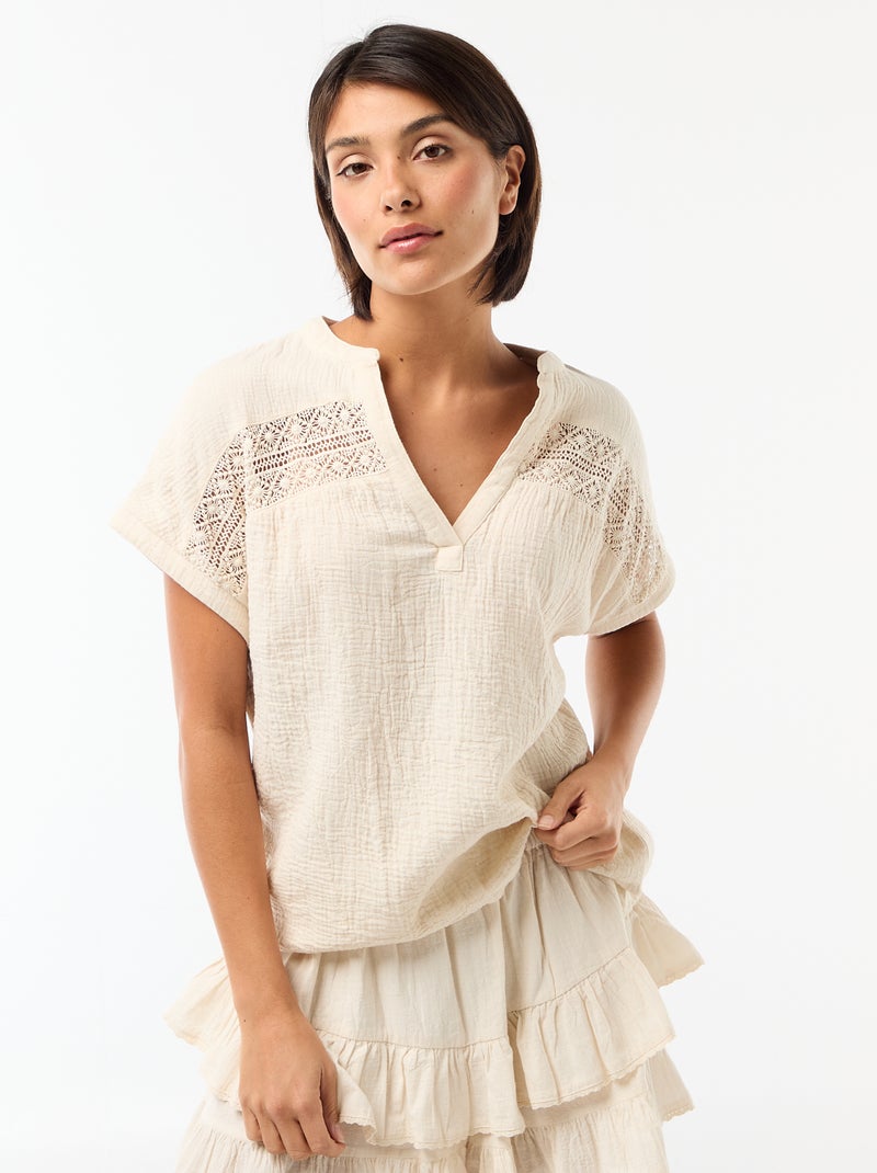 Blouse en double gaze de coton avec broderies Blanc - Kiabi