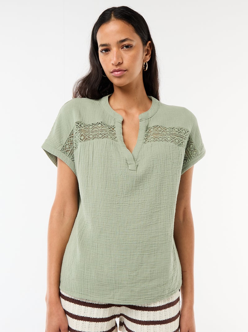 Blouse en double gaze de coton avec broderies Bleu - Kiabi