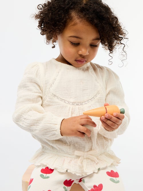 Blouse en gaze de coton avec broderies et dentelle - Kiabi