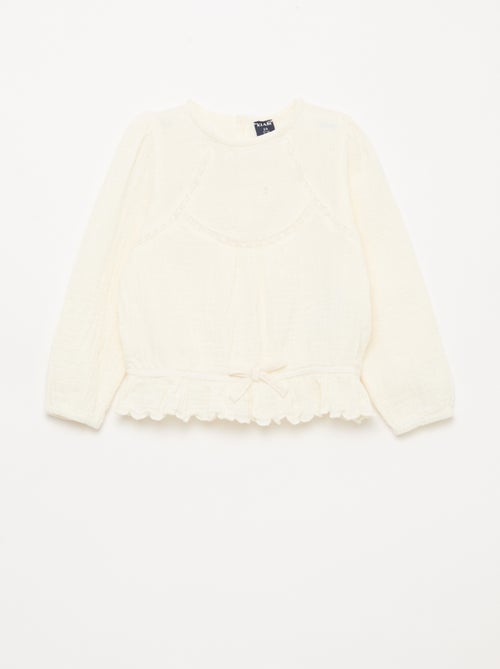 Blouse en gaze de coton avec broderies et dentelle - Kiabi