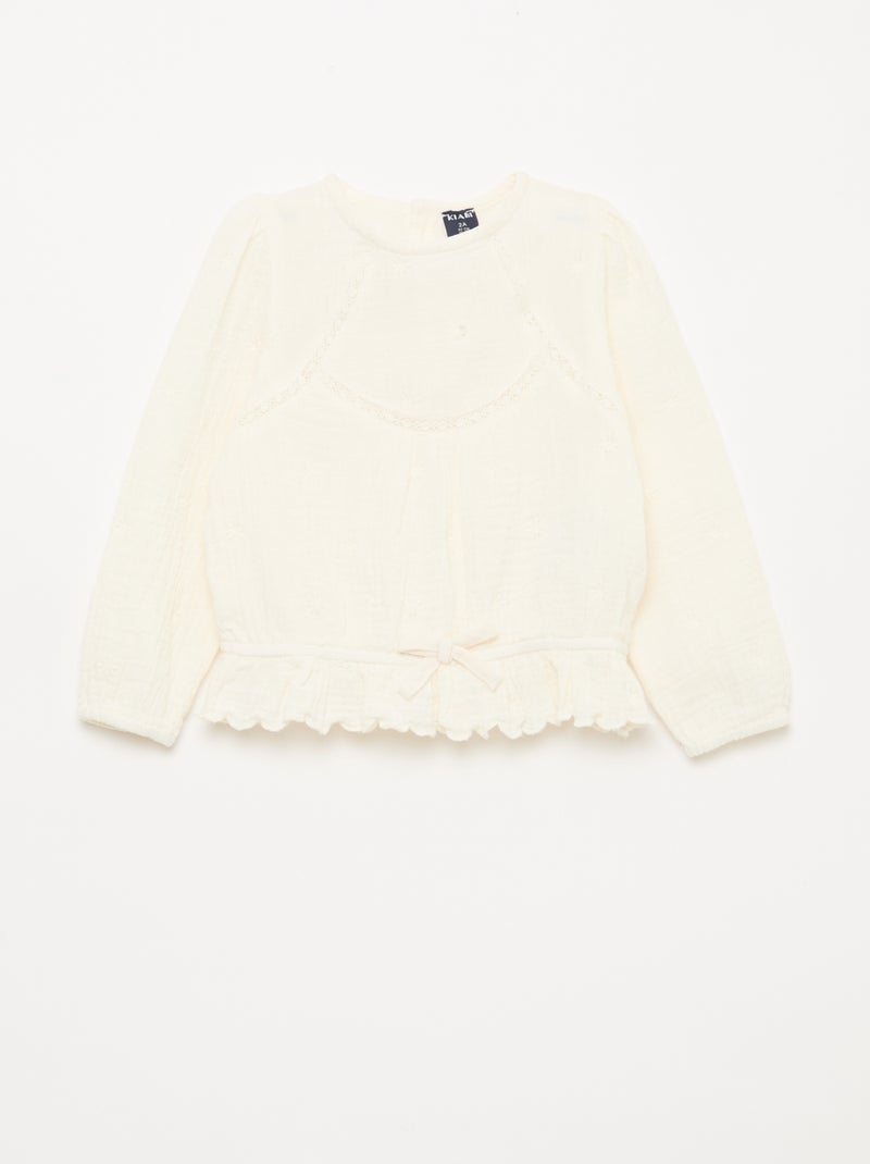 Blouse en gaze de coton avec broderies et dentelle Blanc - Kiabi