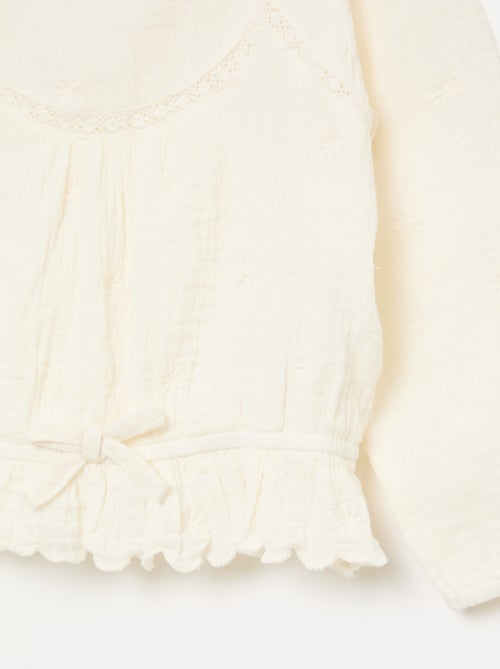Blouse en gaze de coton avec broderies et dentelle - Kiabi