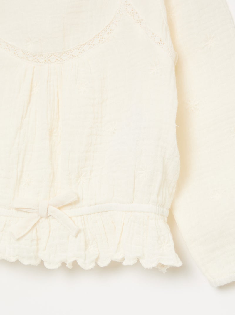 Blouse en gaze de coton avec broderies et dentelle Blanc - Kiabi