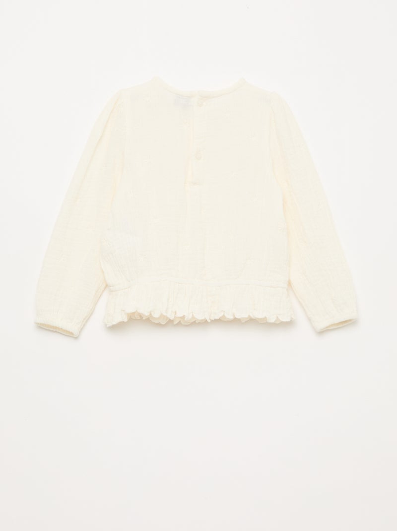Blouse en gaze de coton avec broderies et dentelle Blanc - Kiabi