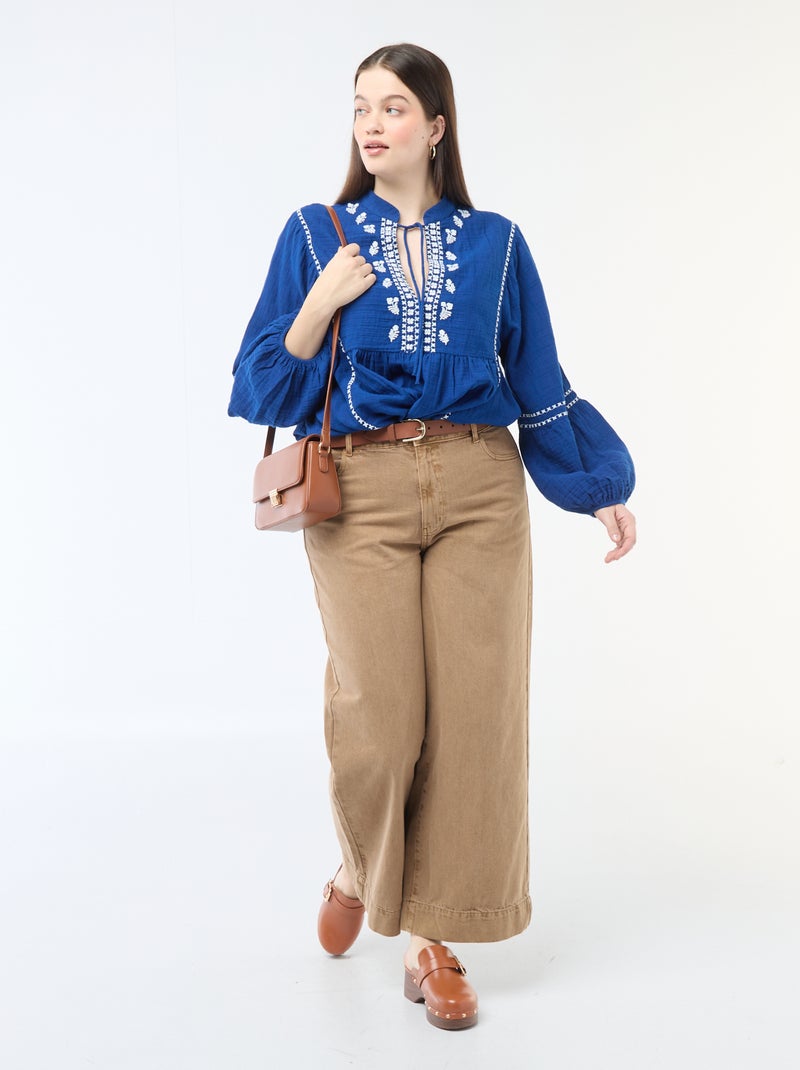 Blouse en gaze de coton avec broderies fantaisies et cordons au col Bleu - Kiabi