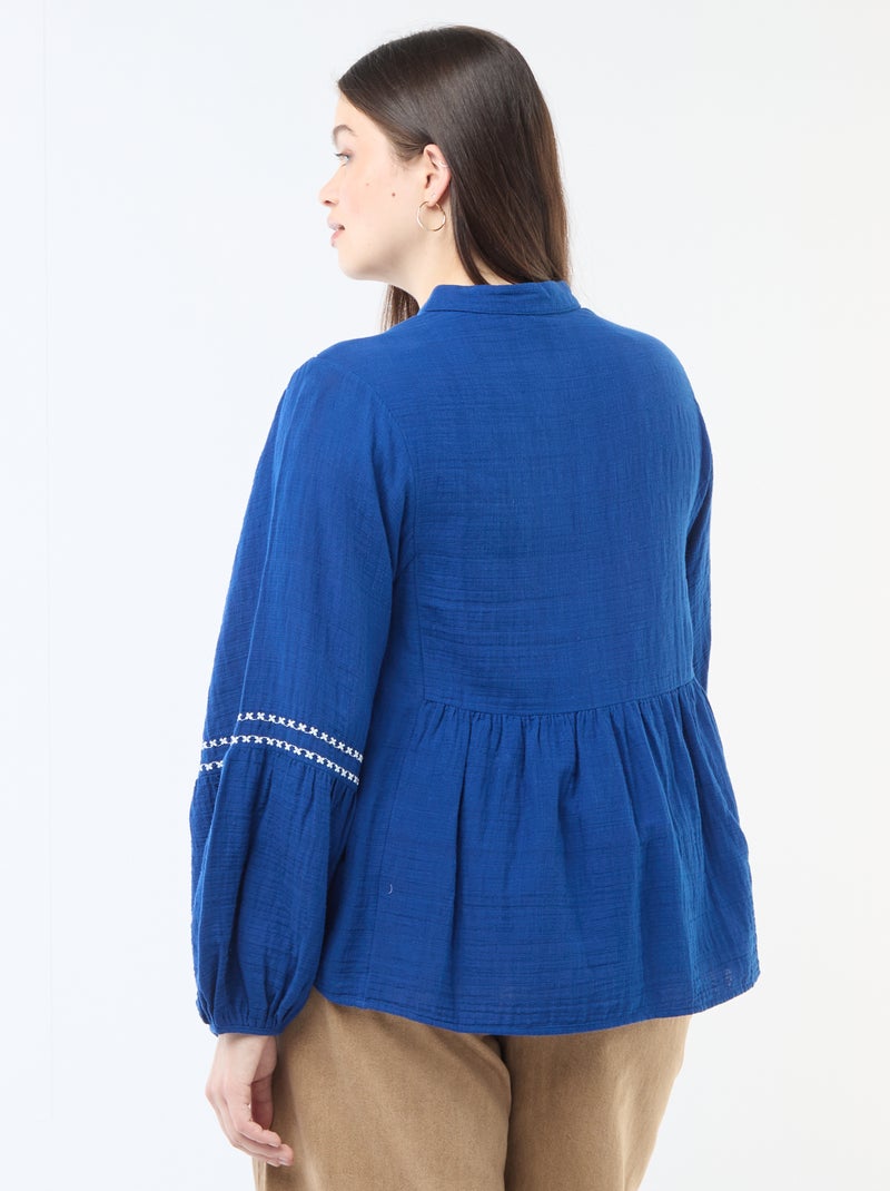 Blouse en gaze de coton avec broderies fantaisies et cordons au col Bleu - Kiabi