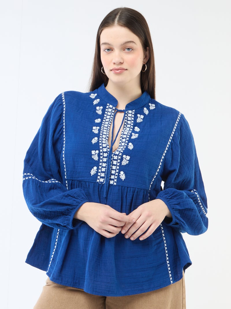 Blouse en gaze de coton avec broderies fantaisies et cordons au col Bleu - Kiabi