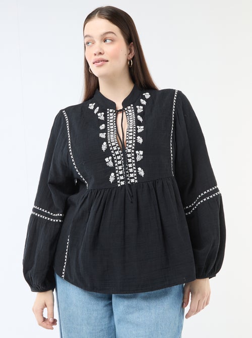 Blouse en gaze de coton avec broderies fantaisies et cordons au col - Kiabi