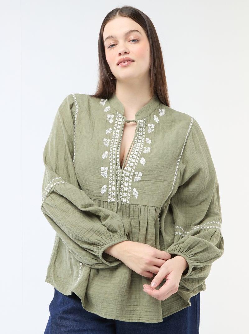 Blouse en gaze de coton avec broderies fantaisies et cordons au col Vert - Kiabi