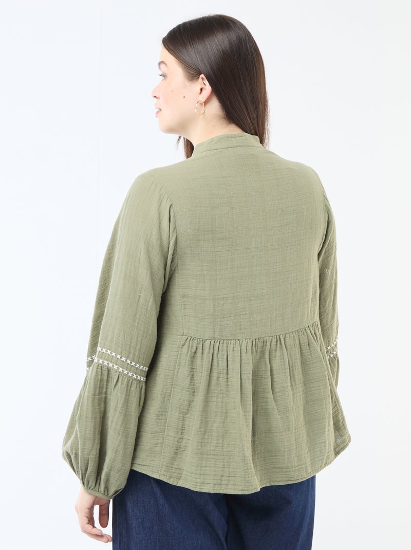 Blouse en gaze de coton avec broderies fantaisies et cordons au col Vert - Kiabi