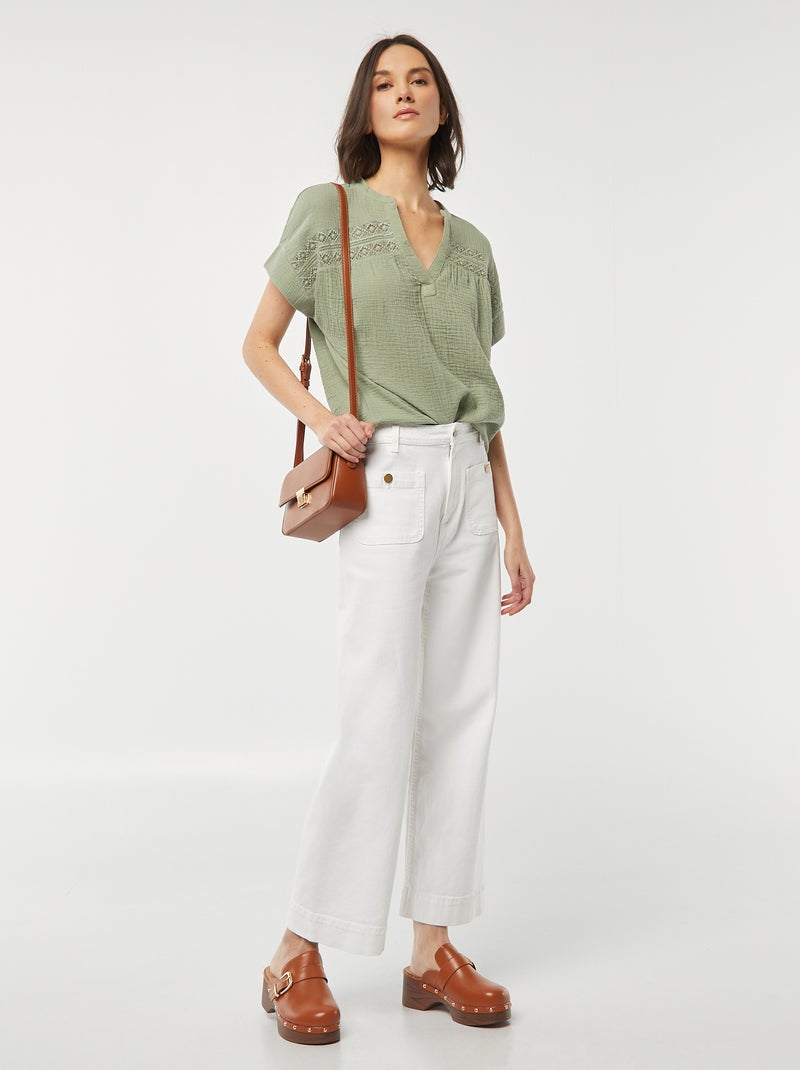 Blouse en gaze de coton avec broderies Vert - Kiabi