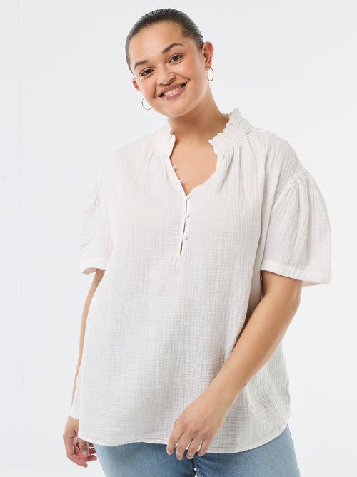 Blouse en gaze de coton avec col froncé - Kiabi
